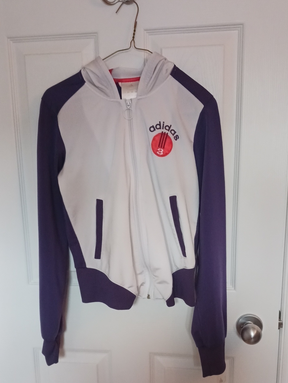 adidas White and Purple Hooded Bomber Jacket